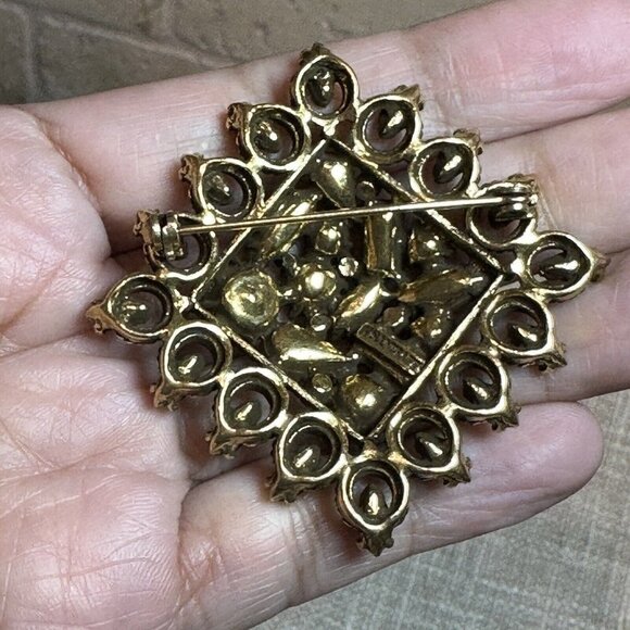 VTG Hollycraft Brooch‎ Pin 1 5/8" Gold Plated Black Rhinestones Signed MCM USA - Picture 2 of 6
